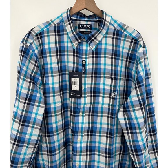 Chaps Performance Easy Care Twill Button Up Shirt Men XXL Blue White Plaid NWT - Picture 2 of 12